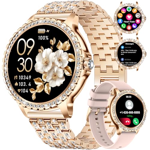LIGE Women's Smart Watch Bluetooth Phone Calls for Android iOS 100+ Sport Fitness Tracker 1.32" HD Elegant Diamond Female Smartwatch Round Dial,Heart
