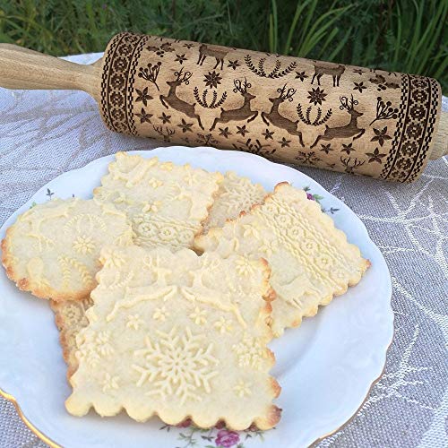 Inverlee Christmas Wooden Rolling Pins Engraved Carved Embossed Rolling Pin with Christmas Symbols for Baking Embossed Cookies Kitchen Tool (38X4X4cm Elk&Snowflake)