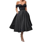 BYRWZDN A Line Off Shoulder Prom Dresses for Women Satin Tea Length Cocktail Party Dresses with Pockets