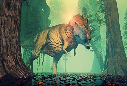 AOFOTO 7x5ft Dinosaur Background Jurassic Ancient Forest T-Rex Ferocious Dangerous Jungle Safari Attack Photography Backdrop Fantasy 3D Animal Boy Children Party Decor Photo Studio Props Wallpaper
