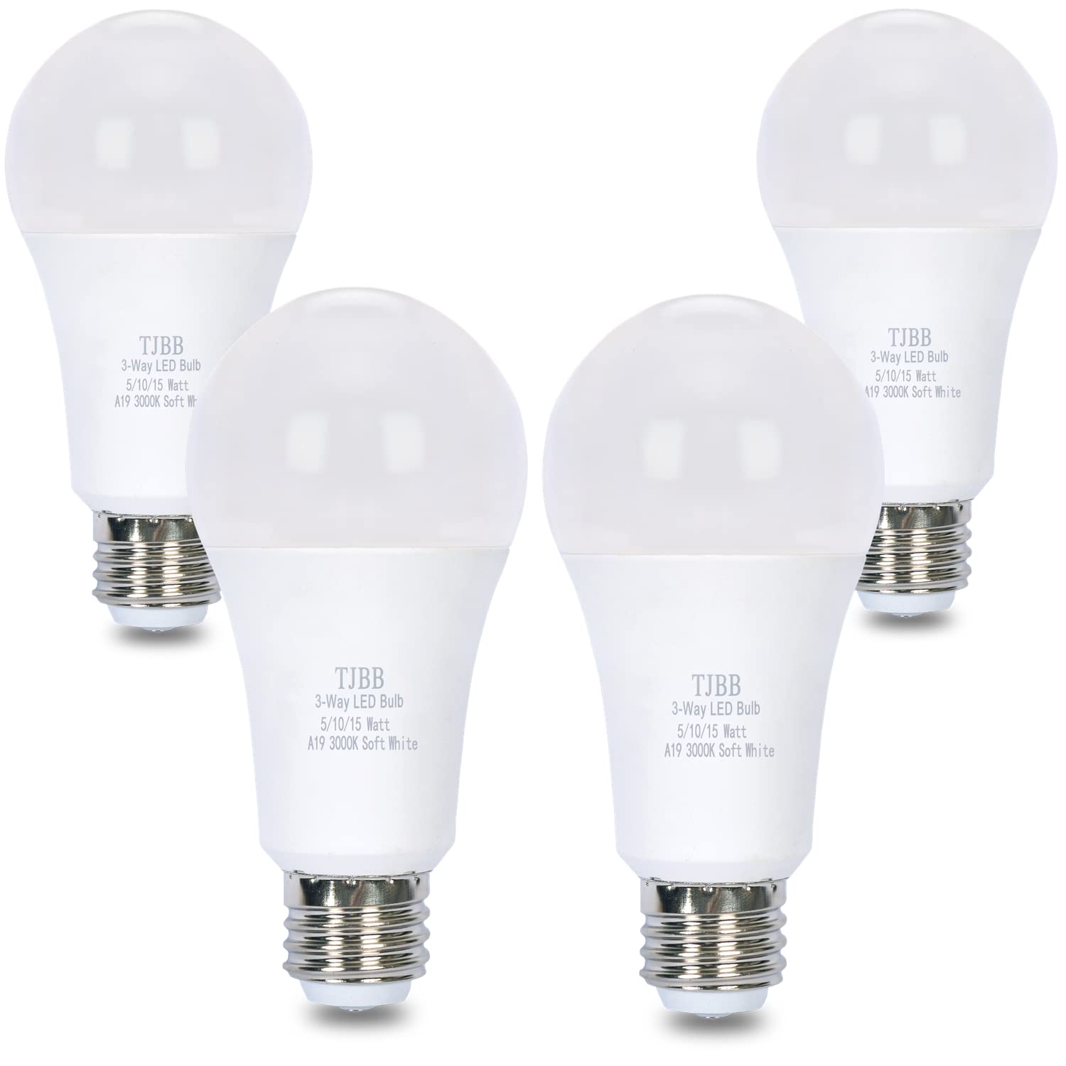 Photo 1 of 4 Pack 3 Way LED Light Bulbs 50 100 150Watt Soft White 3000K Equivalent, 5/10/15W Three Way Light Bulbs A19 E26 Base, 700 1400 2100 Lumens
