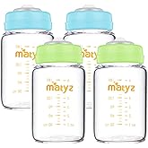 Matyz Glass Breastmilk Storage Containers, 4 Pack, 6 oz Bottle, Fit with Spectra Medela Avent Pump - Wide Mouth Breastmilk Collection and Storage Bottle with Lids - No BPA (2 Green & 2 Blue Lids)