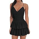 YOXUA Women's Deep V-Neck Spaghetti Strap Casual Tiered Mini Dresses Summer Layer Ruffle Hem Short Dress