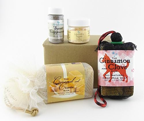 Sweet &amp; Spicy Goat Milk Soap Value Pack – One 4.5oz Cinnamon &amp; Clove Dog Bar, one 4.5oz Caramel and Cream Bar, one Sweet Cappuccino Travel Size Dry Scrub, one Travel Size Cedar Laundry Soap