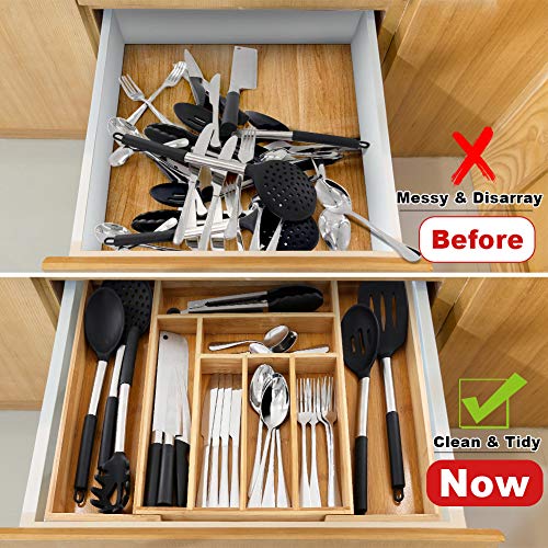Bamboo Expandable Drawer Organizer for Kitchen, 100% Eco Friendly Adjustable Drawer Divider Holder for Silverware Tray, Cutlery, Utensil, Stationery, 8 Compartments - Thumbnail 6