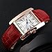 Women Rectangle Watch Waterproof Rose Gold Tone White Dial Wristwatch Roman Numeral With Red Leather Band
