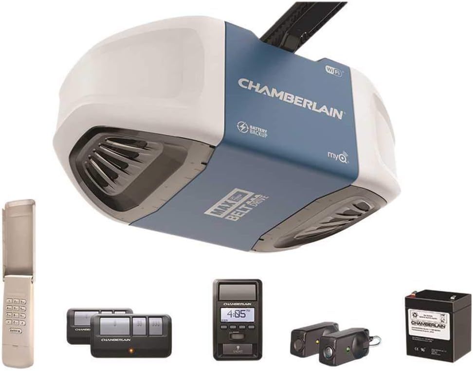 Chamberlain Group Chamberlain B970 Smartphone-Controlled Ultra-Quiet and Strong Belt Drive Garage Door Opener with Battery Backup and MAX Lifting Power, Blue - - 