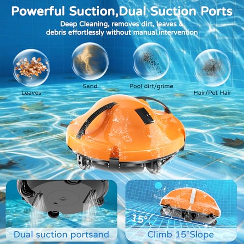 KOSGHO 2026 New Cordless Robot Pool Vacuum, Automatic Pool Cleaner Robot with Dual-Motor, 130mins Runtime & Auto Parking Robotic Pool Vacuum for Above Ground Pool Up to 1100 Sq.Ft,JQR-V201,Orange