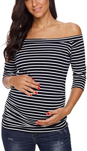 AnnAnn Womens Maternity Tunic Tops Off Shoulder 3/4 Sleeve Classic Side Ruched T-shirt Pregnancy Clothes