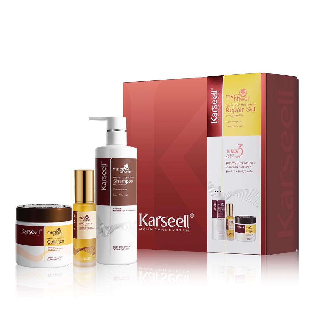 Karseell Maca Essence Moisturizing Repair Set: Collagen Hair Mask 500ml, Shampoo 500ml & Maca Essence Oil 50ml - Argan Oil Treatment for Dry Damaged Hair, All Types