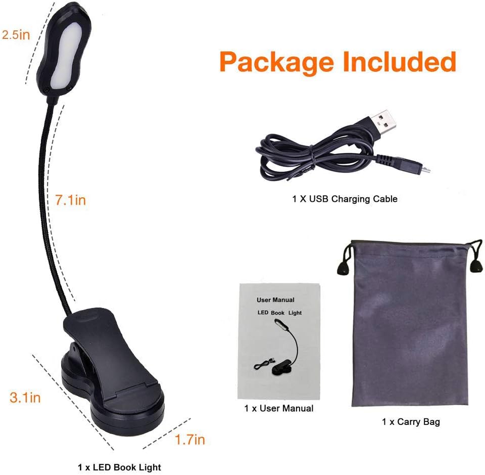Rechargeable LED Book Light, 2 Warm & 3 White SMD LED, Color and Brightness Adjustable, Clip on Reading Lights for Reading in Bed at Night, 9 Brightness Levels, Lightweight, Ideal for Bookworms, Pian: Home Improvement