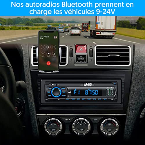 RDS Bluetooth 5.0 Car Radio with LCD Clock Display, 7 Colours Lighting, 4 x 65 W Car Radio 1 Din for 9-24 V Car, Supports Handsfree/FM/AM/2 USB/AUX/SD/TF/MP3