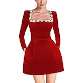 Wirunsy Crystal Square Neck Wedding Dresses for Brides Long Sleeve Velvet Short Bridal Gowns with Pockets