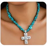 ROSASUENO Chunky Turquoise Cross Choker Necklace Big Gravel Natural Stone Western Retro Silver Necklace Country Concert Jewelry