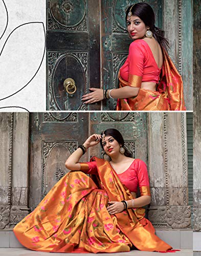 DesiButik's Party Wear Elegant Orange Kanjivaram Silk Saree - Thumbnail 2