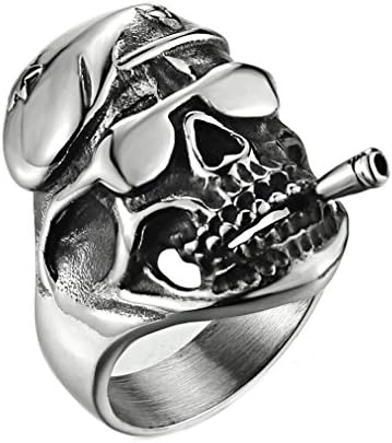 Men's Vintage Classic Gothic Embossed Skull Biker Stainless Steel Ring Band Silver Black (Skull-4, 13)