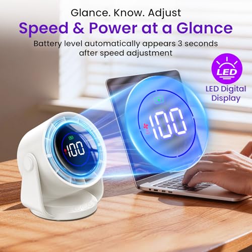 PALATALA Table Fan, Battery USB Fan with 11 Speed Levels, 105° Swivel Function, LED Display, Quiet Fan for Bedroom, Office, Library, Portable Table Fan