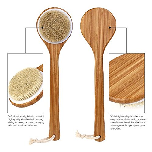 AHYUAN Bath Body Brush 100% Natural Boar Bristle Dry Skin Scrub Brush With 15.7" Long Wooden Handle for Dry Brushing and Shower Cellulite & Exfoliating (Natural Bristles) - Thumbnail 3