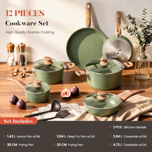 Kitchen Academy 12-Piece Induction Frying Pan and Saucepan Set, Green with Lids, Non-Stick Coating | Antiadhésive en Granite Batterie de Cuisine Tout Feux, 100% Sain et Sans PFOA ni PFOS, Facile à Nettoyer