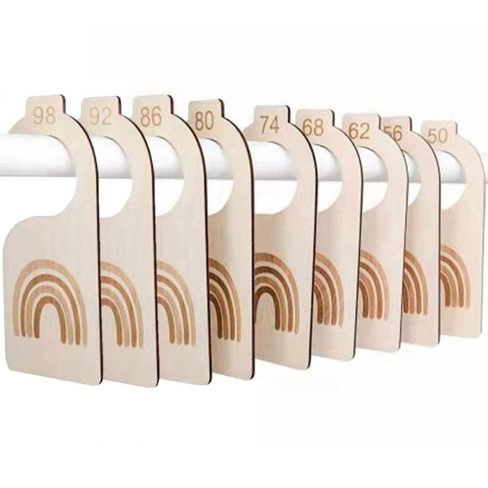 Kiwochy Baby Wooden Size Separator 9 Clothing Sizes 50 to 98 Baby Wardrobe Dividers Baby Clothes Organiser Rainbow Design for Baby Clothes Nursery Decorations