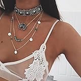 CH Silver Vintage Boho Style Moon Choker Necklace Women Girl Lady Long Chain Pendant Necklace