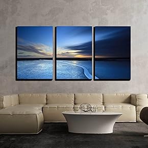 3 Piece Canvas Wall Art - Sunset at The Beach - Modern Home Art Stretched and Framed Ready to Hang - 16"x24"x3 Panels