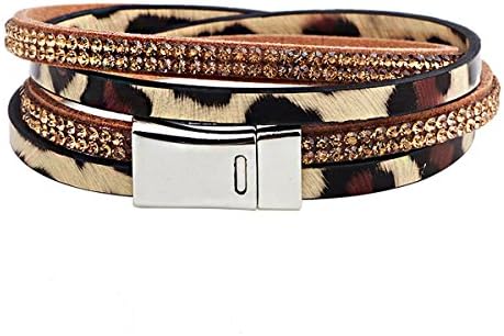 Leather Women Bracelet Leopard Bracelet Rhinestone Double Ring Double Root Leather Bracelet (Brown)