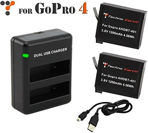 Techno Earth Battery (2-Pack) and Dual Charger for GoPro HERO4 and GoPro AHDBT-401, AHBBP-401