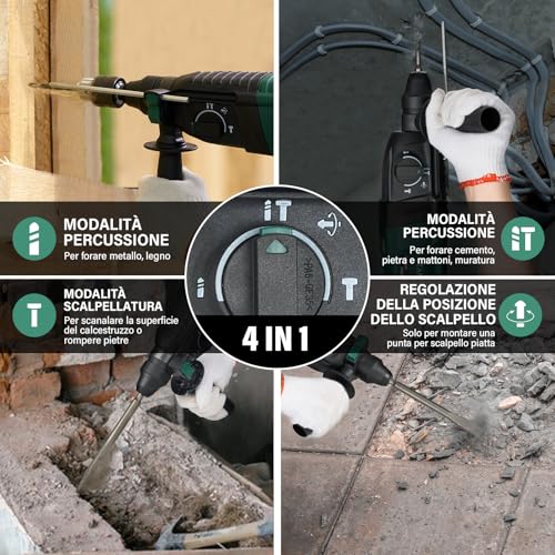 STANEW SDS Plus 950W Hammer Drill Hammer 0-1150rpm/5100BPM, 4 Functions and Safety Clutch, 360° Swivel Handle, Variable Speed, Concrete Steel, Wood (1)