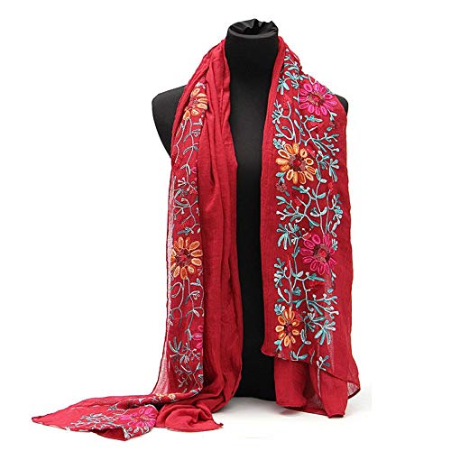 LuluVin Women's Scarf Cotton Embroidered Lightweight Shawl Wrap (Red)