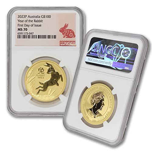 2023 P 1 oz Gold Australian Lunar Series III Year of the Rabbit Coin MS-70 (First Day of Issue - Lunar Label) 24K $100 NGC MS70
