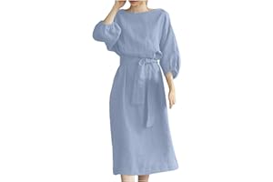 SHOPESSA Linen Dresses for Women 2024 Casual Solid Color Work Dress Long Sleeve Tie Waist Knee Length Dress Boho Dress