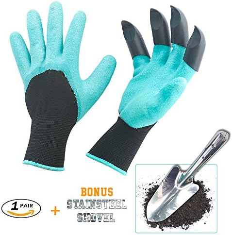 Garden Genie Gloves by TIDAKAGA, with Right Hand Claws,Bundle with Bag BONUS with stainless steel garden shovel,Quick Easy to Dig &amp; Plant Nursery Plants,Safe for Rose Pruning(1 Pair+Shovel in set)