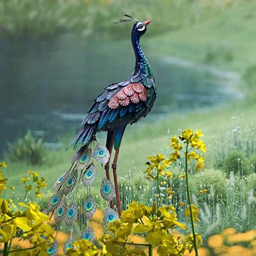 Peacock garden statue by Chisheen, 34 inches tall, priced at $87.99 as of August 9, 2023.