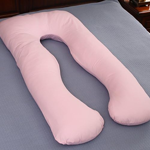 U Shaped Pregnancy Pillow Maternity Body Pillow With Invisible Zipper Removable Cover, 100% Cotton Fabric, Pink, 56 X 32 Inch
