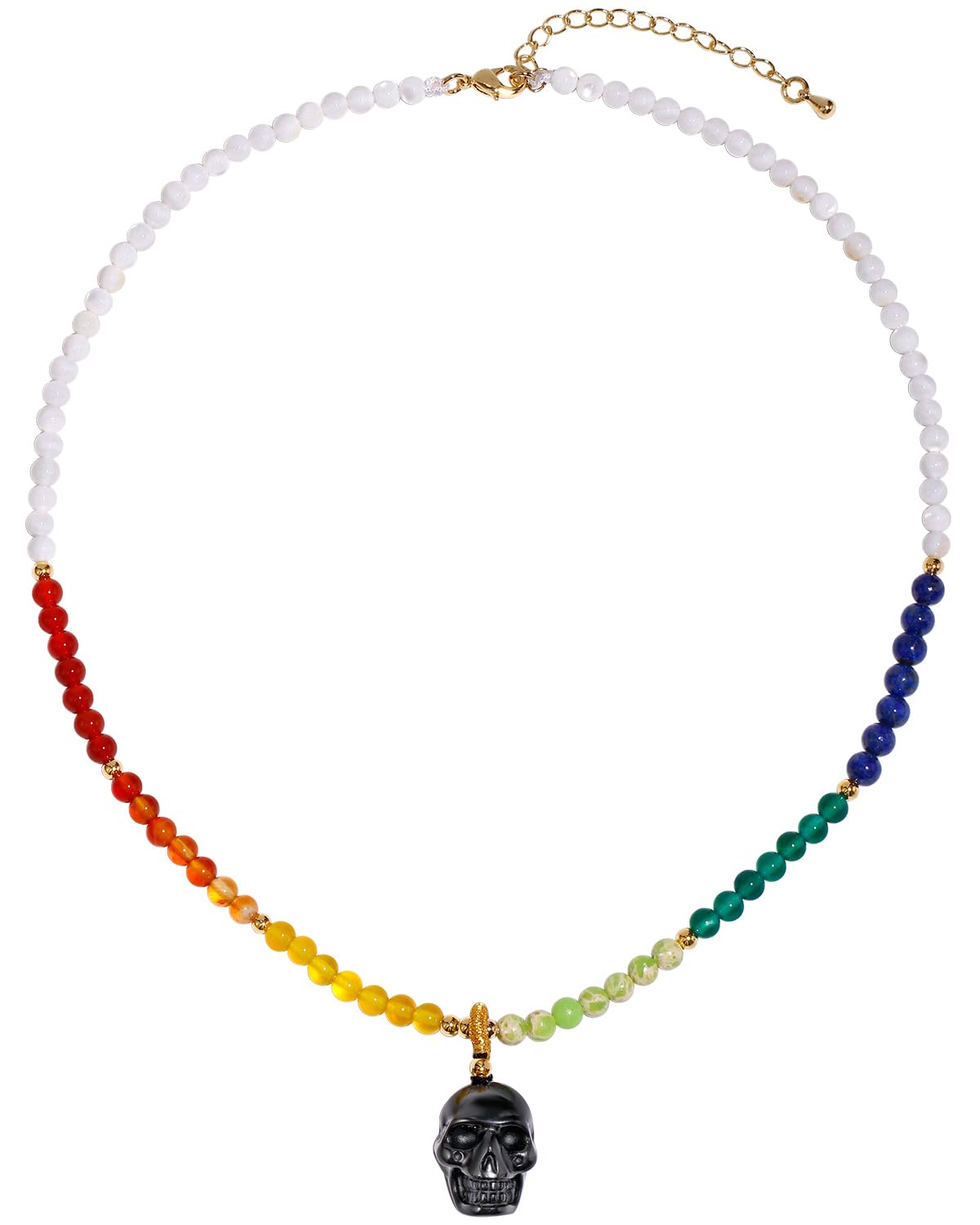 Jewboo 7 Chakra Necklace Reiki Gemstones Chain Obsidian Small Skull Pendant Necklaces for Women Real Healing Crystals Choker Necklace (16"+2")