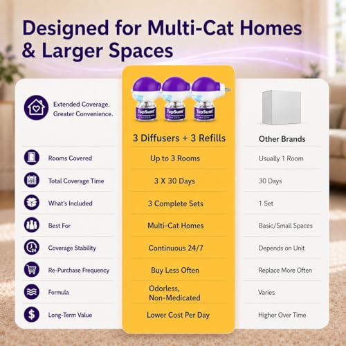 TopSum Cat Calming Pheromone Diffuser: Feline Pheromones Plug in for Stress, Alone At Home, Spraying, Fighting, Scratching, Aggression & Excessive Meowing (3 Diffusers + 3 Refills)