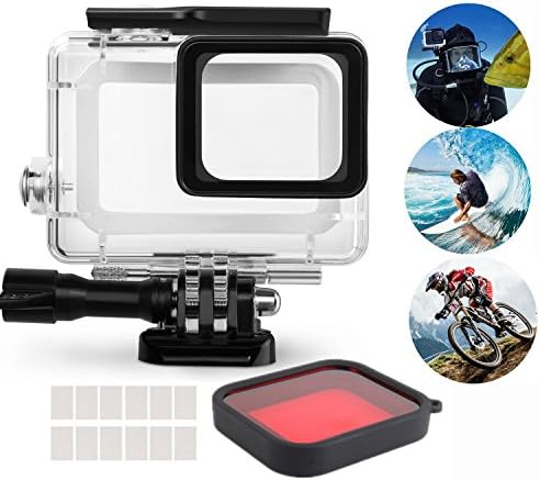 Kunstbor Waterproof Housing Accessories Kit for GoPro Hero 7 6 5 /HD Black Action Camera Protective Case with Switchable Red Lens Filter + 12 Pcs Anit fog inserts - 45M Underwater Diving