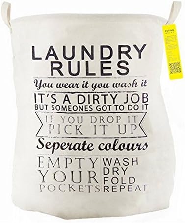 MAXU Foldable Round Laundry Basket Hamper Storage Bag (White (Laundry rules))