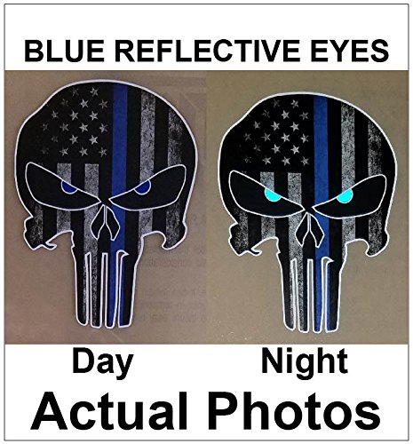 Thin Blue Line Punisher Skull with Blue Reflective Eyes Police Officer BLM American Flag Vinyl Decal Sticker Car Truck 4" x 5" ...