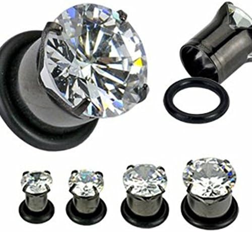 Body AccentzLarger Size Black Titanium Anodized Prong Set Gem Tunnel Plug with O-Ring - Pair