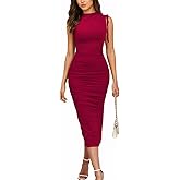 IHOT Women's Mock Neck Sleeveless Mesh Back Slit Ruched Bodycon Wedding Guest Cocktail Evening Party Midi Dresses