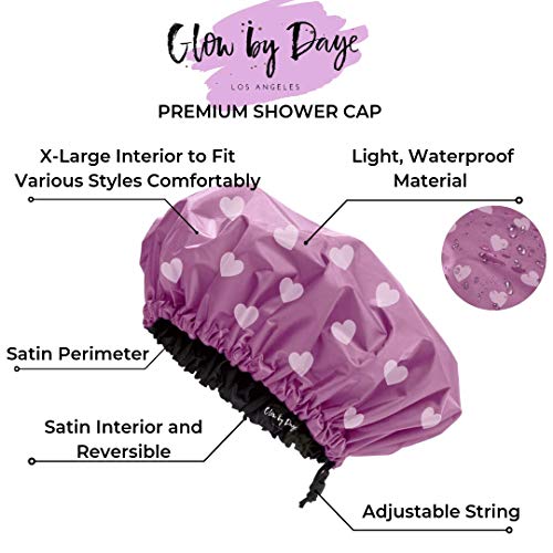 Large Satin Lined Shower Cap- Adjustable, Waterproof, Satin Interior for Hair Protection, Designed for Large, Long, or Natural Hair, Reusable Cap by Glow by Daye (Pink Hearts/Lavender