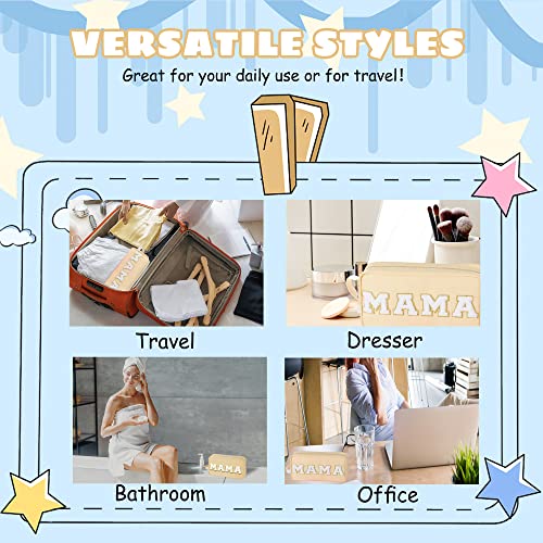 Sawjut Preppy Chenille Letter Patches Stuff Bag, Nylon Varsity Cosmetic Toiletry Bag with Zipper, Portable Skin Care Pouch Travel Make Up Skincare Organizer for Girls Women