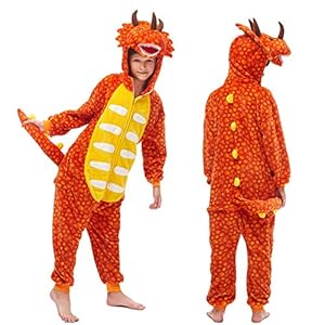 Kids Onesies Pyjama Unisex 3D Dinosau Oranje Dier Nachtkleding Jumpsuit Zachte Warme Flanellen Kind Hooded Homewear…