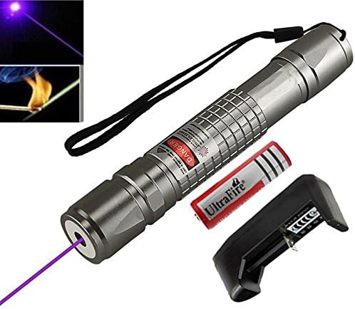 High Power 405nm Blue Purple UV Beam PowerPoint Clicker Demo Remote Pen Pointer Projector Travel Outdoor Flashlight with a 18650 Battery+ Charger