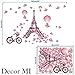 Decor MI Romance Eiffel Tower Paris Butterfly Balloon Wall Decal Stickers Waterproof Removable Background Paris Decors Wallpaper Pink Wall Decals for Girls Bedroom Living Room Bathroom 39x26 inches