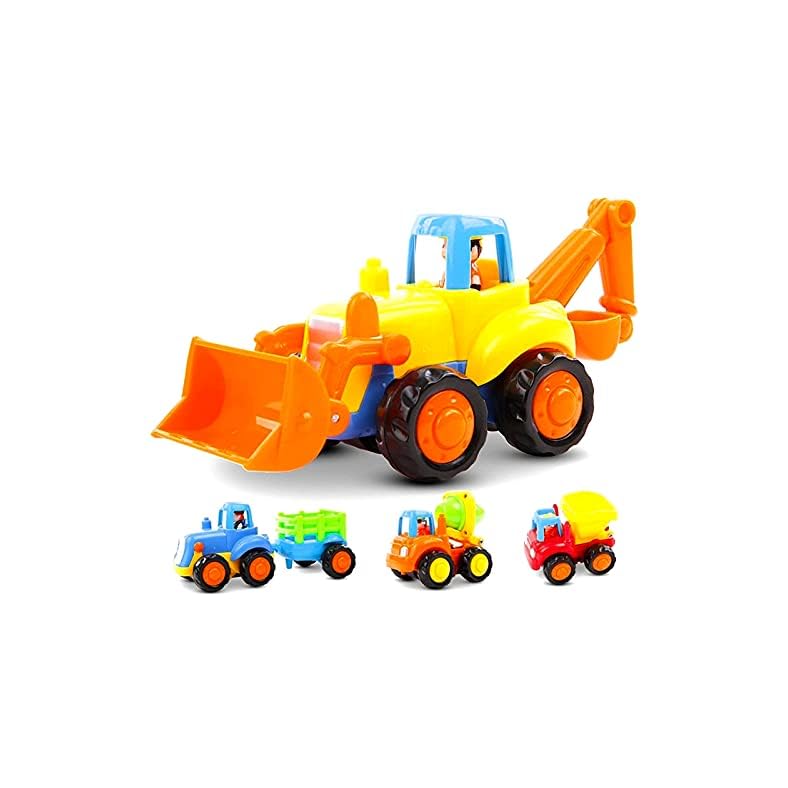 4 Pack Friction Powered Cars Set, Educational Vehicles Toy Gifts for Kids Toddler Baby 1 2 3 Year Old, Push and Go Bulldozer Tractor Dumper Cement Mixer Engineering Trucks Toys for Boys Girls Birthday