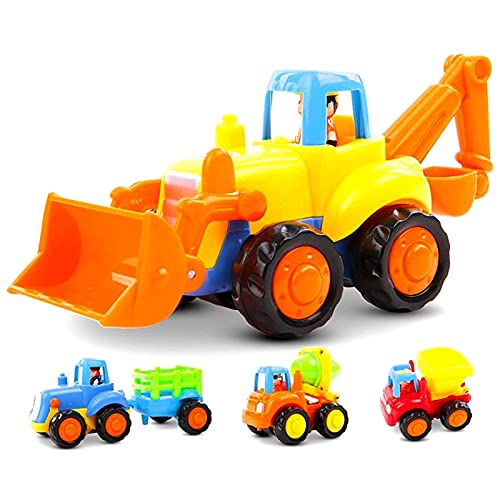 4 Pack Friction Powered Cars Set, Educational Vehicles Toy Gifts for Kids Toddler Baby 1 2 3 Year Old, Push and Go Bulldozer Tractor Dumper Cement Mixer Engineering Trucks Toys for Boys Girls Birthday