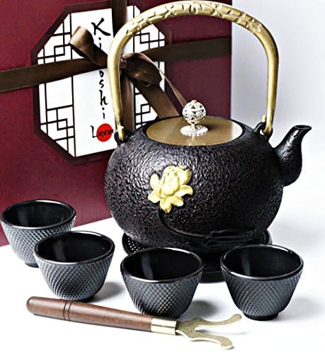 KIYOSHI Luxury 8PC Japanese Tea Set - Large Cast Iron Tea Kettle 40.57Oz (1,2L) with 4 Tea Cups, 1 Trivet and 1 Wood Lid Holder. Stovetop Safe. Ceremonial Matcha Accessories and Iron Anniversary Gifts